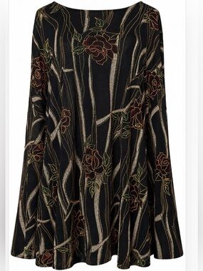 Black Sheer Floral Blouse Rose Whimsigoth Wavy Stripe Tunic Top Artsy Boho Chic